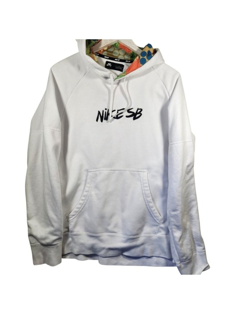 Nike SB Mens White Patchwork Hood Pullover Hoodie Large Skateboarding Logo‎